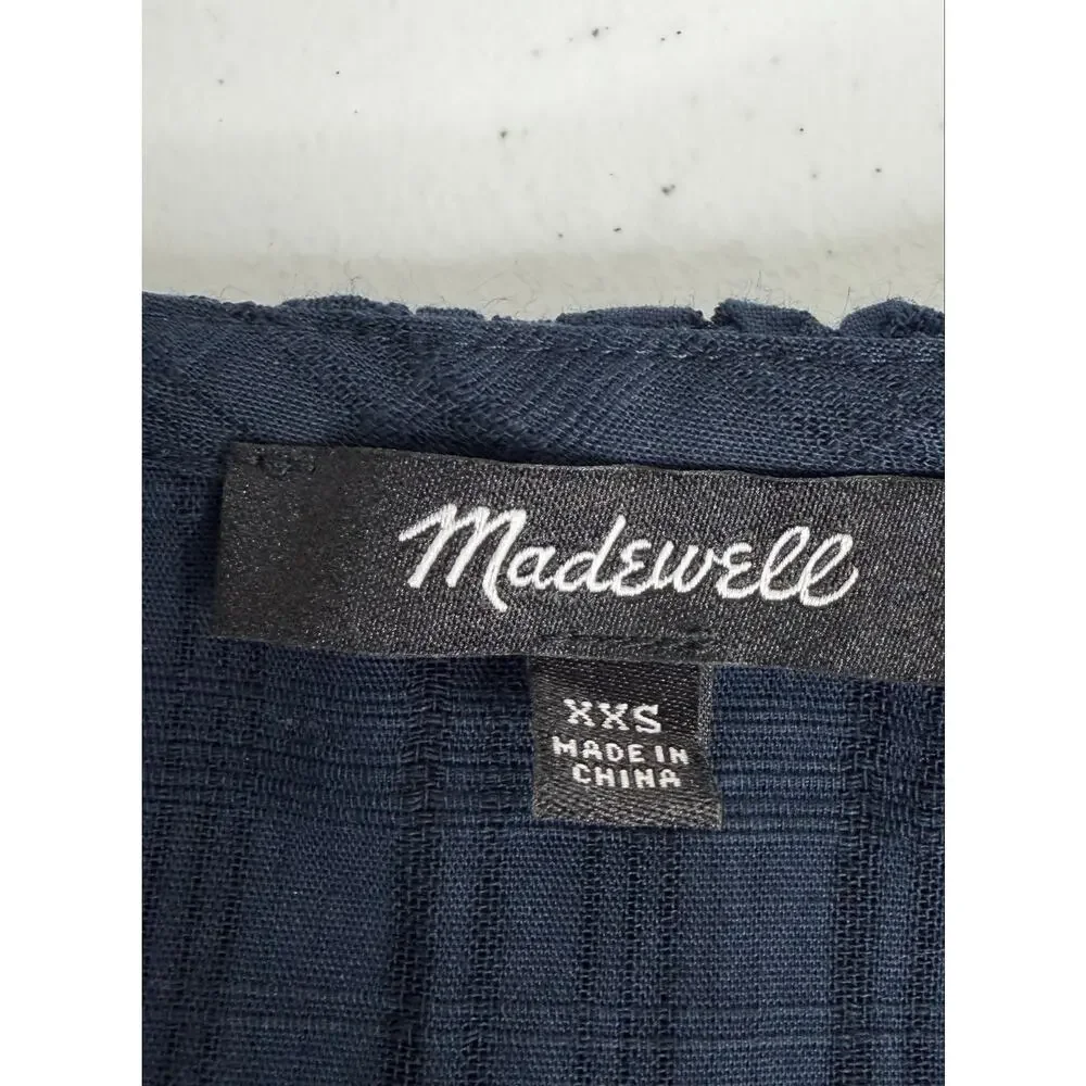 Madewell Ruffle Puff-Sleeve Peplum Top in Windowpane XXS Navy Preppy Romantic